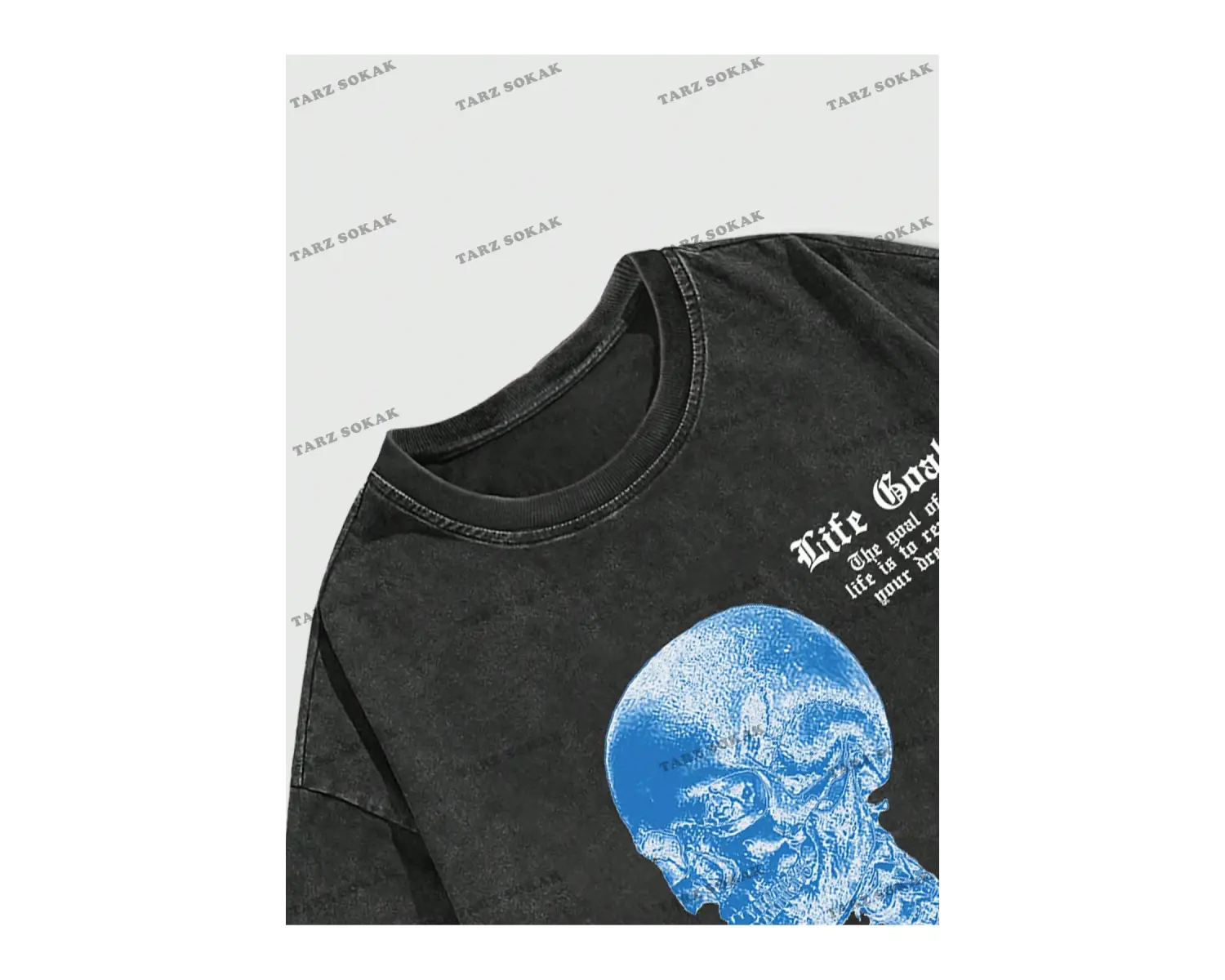 KOD Trend Street Life Erkek Slogan ve İskelet Baskı Damla Omuz Tişört