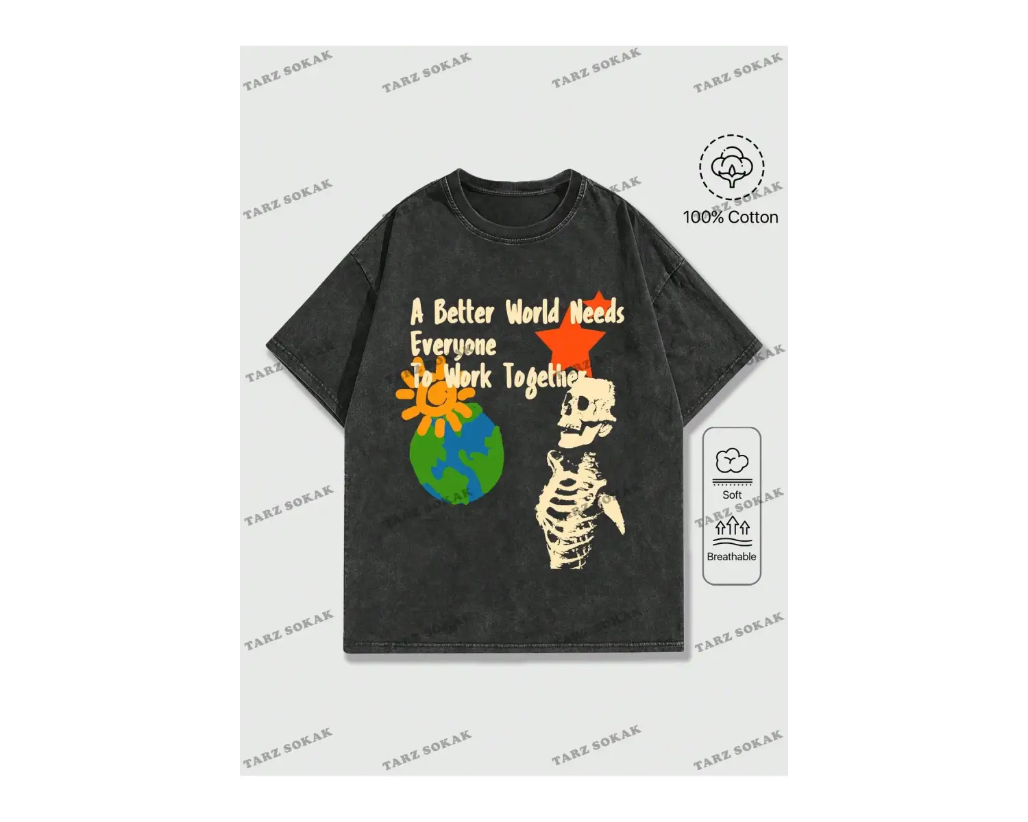 KOD Trend Street Life İlkbahar Yaz Günlük Giyime Uygun Kafatası ve Slogan Baskılı Kısa Kollu Erke