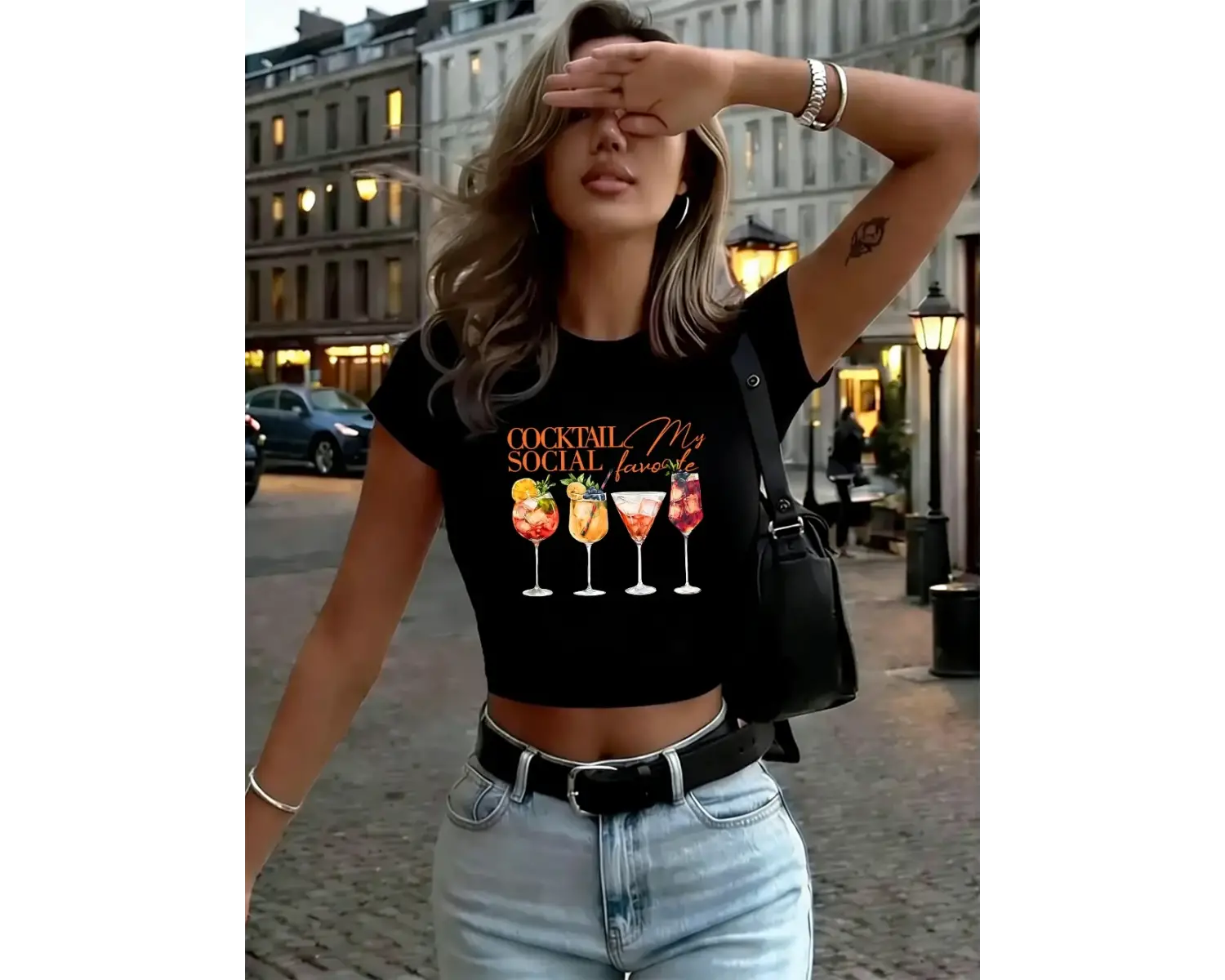 Kokteyl Sosyal Favori Baskı Kadın Kırpma Üstleri Yaz Yumuşak Yüksek Elastik Tişörtler Seksi İ