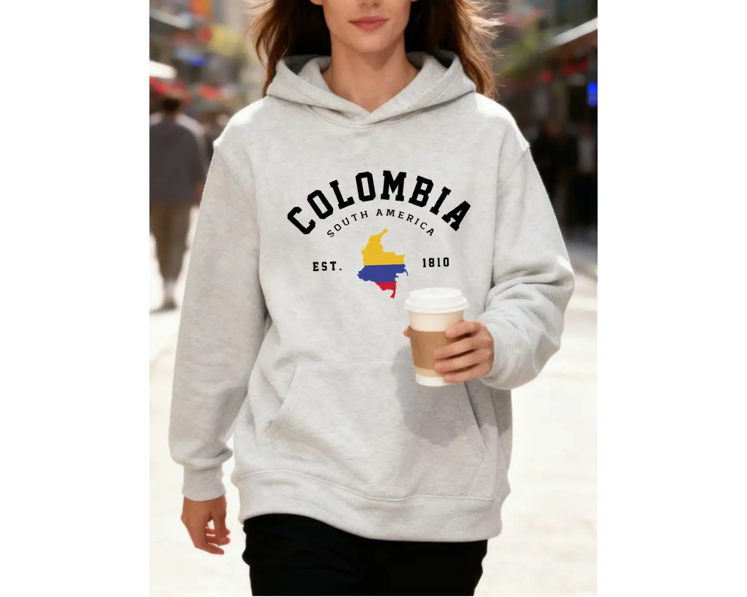 Kolombiya Güney Amerika Est 1810 Baskılar Pamuklu Kapüşonlu Üst Kadın Sportif Bol Kazak Kışlı