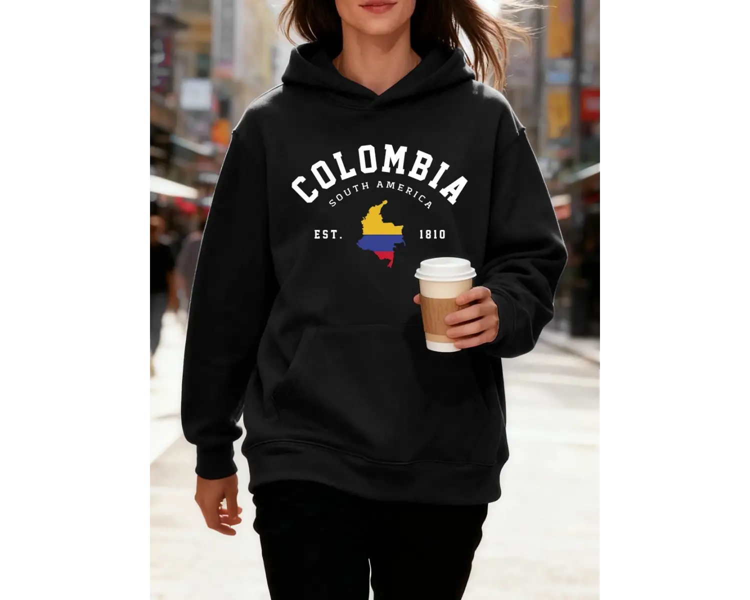 Kolombiya Güney Amerika Est 1810 Baskılar Pamuklu Kapüşonlu Üst Kadın Sportif Bol Kazak Kışlı