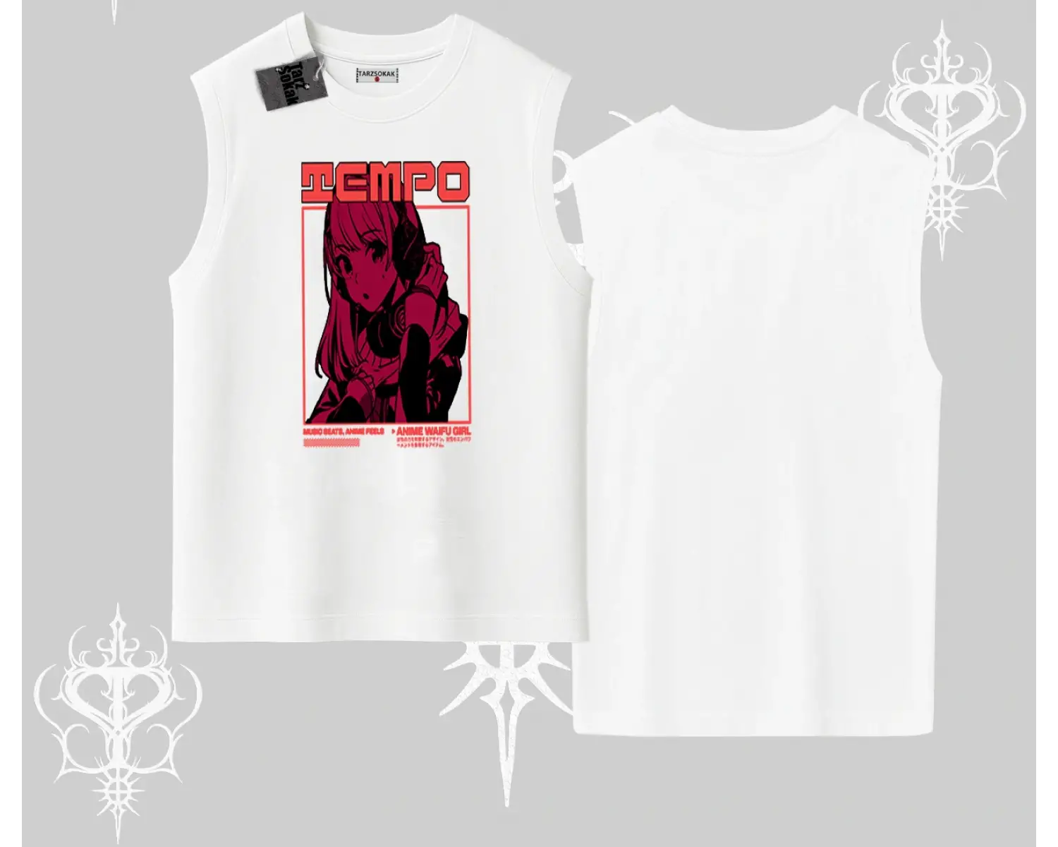 Kolsuz Tshirt Anime Waifu Kırmızı Grafik Desenli