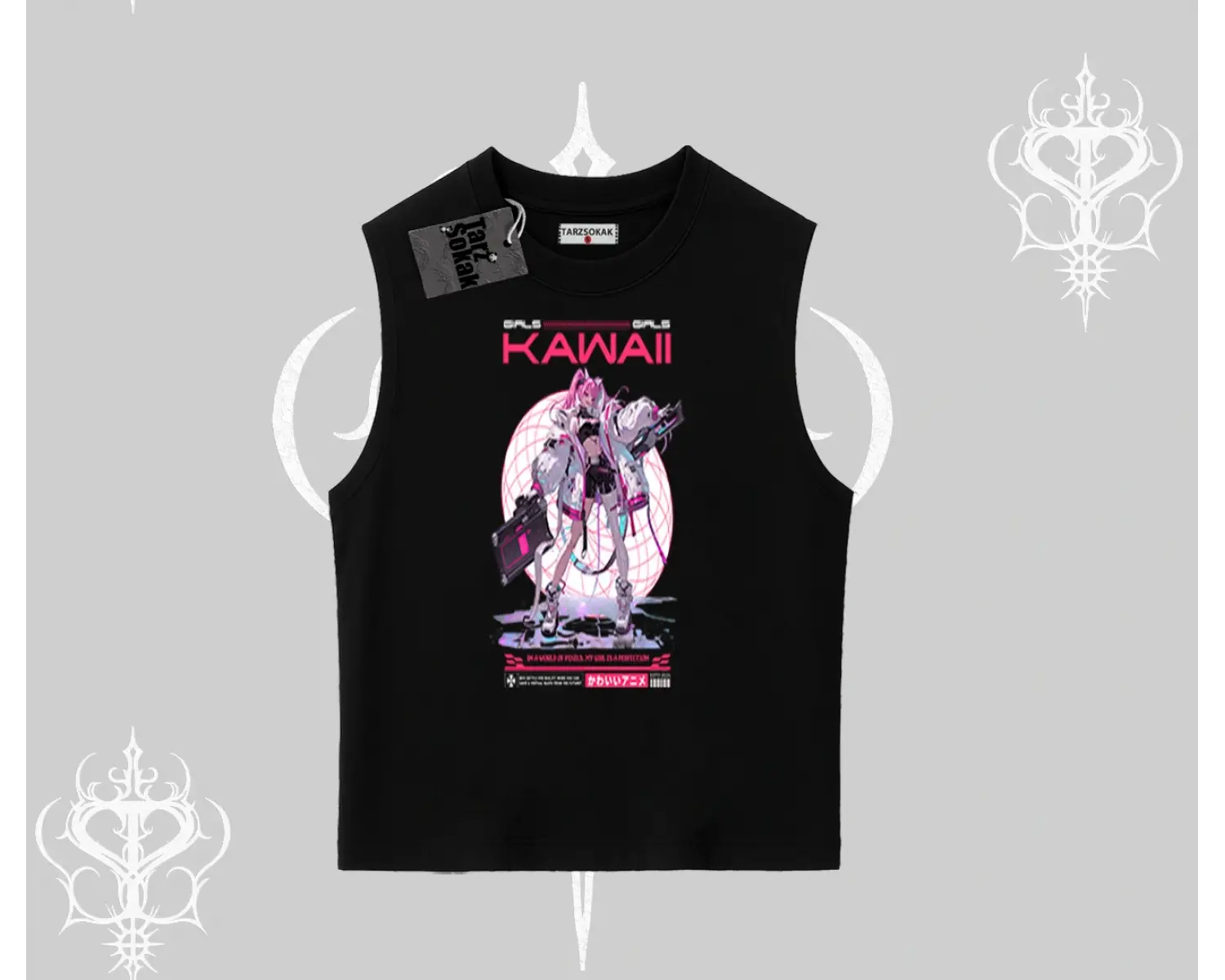 Kolsuz Tshirt Kawaii Cyberpunk Kız Japon Stil Baskı