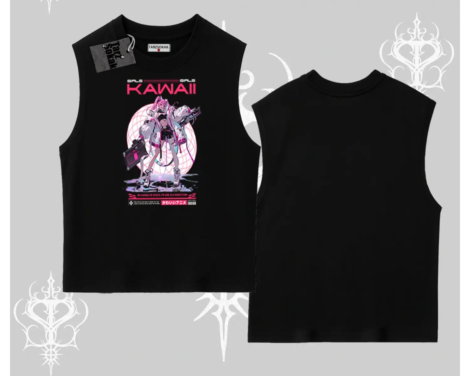 Kolsuz Tshirt Kawaii Cyberpunk Kız Japon Stil Baskı