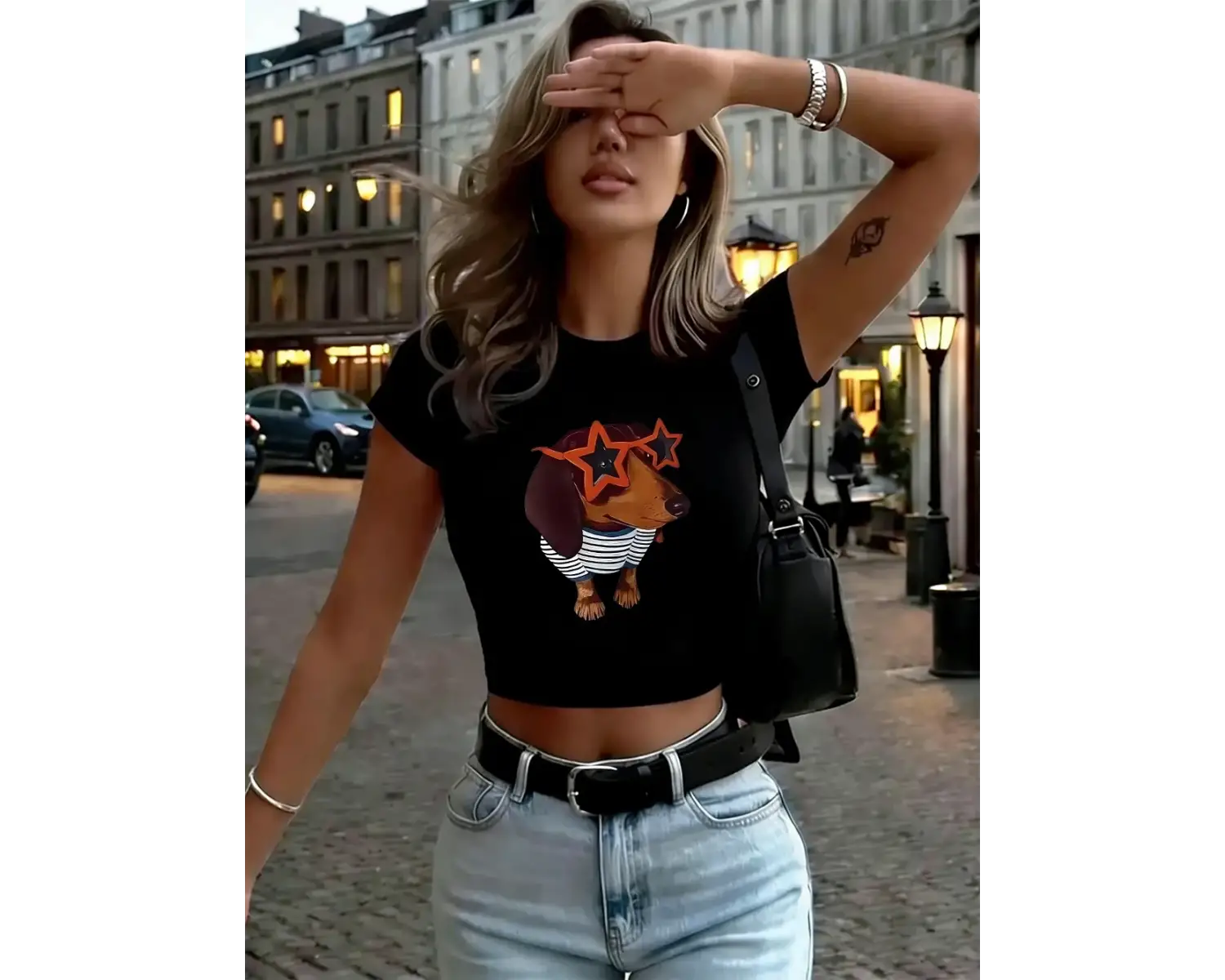 Komik Dachshund Köpek Baskılı Bayan Kırpma T-Shirt Yaz O-Boyun Yumuşak Üstler Seksi İnce Soka