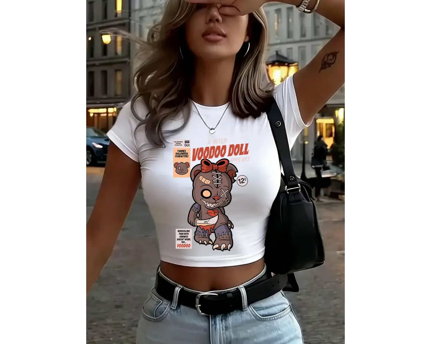 Komik Oyuncak Yaylı Ayı Karikatür Baskılı Kadın Babby Tee Yazlık Yuvarlak Yaka Dar Kesim Tişör