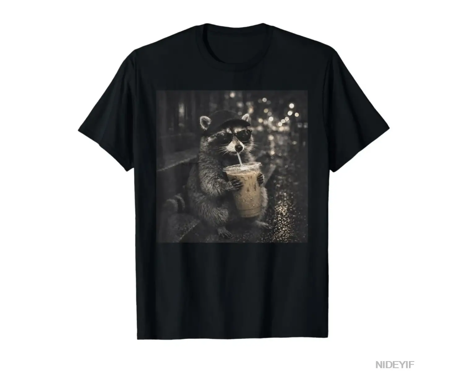 Komik Rakun Buzlu Kahve İçiyor Hayvan Meme T-shirt Erkekler Kadınlar Için % 100% Pamuk T Shir