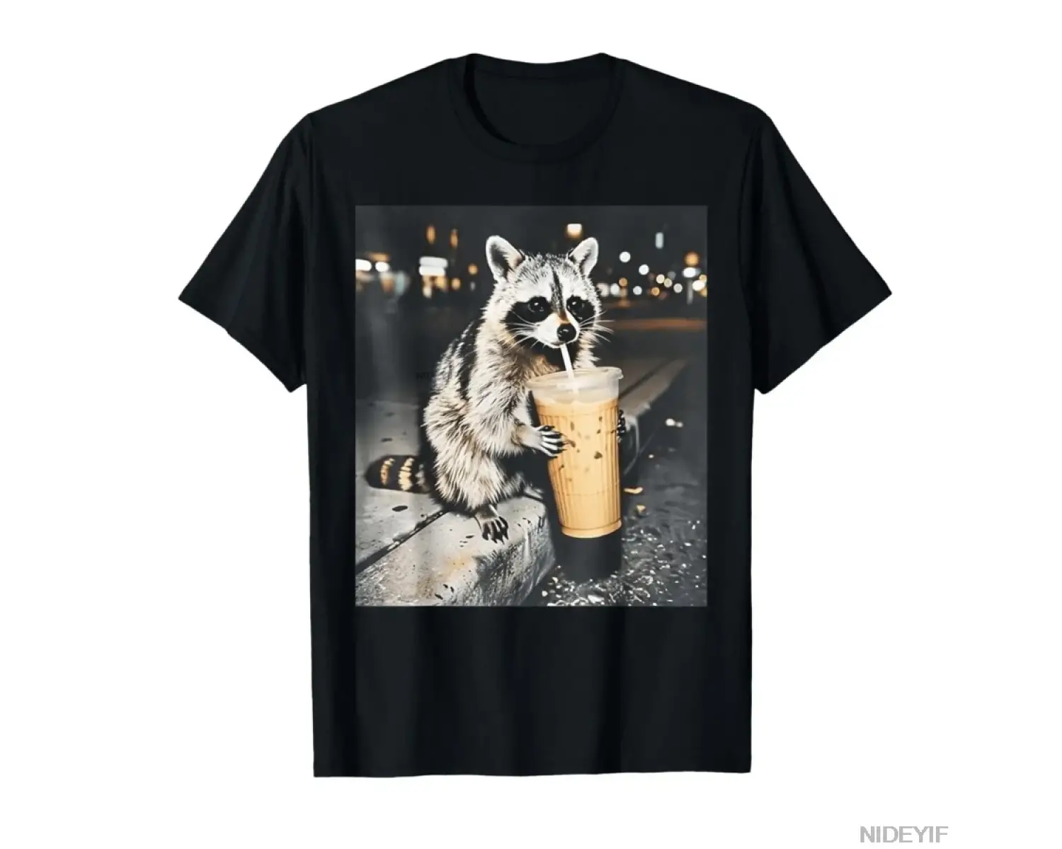 Komik Rakun Buzlu Kahve İçiyor Hayvan Meme T-shirt Erkekler Kadınlar Için % 100% Pamuk T Shir