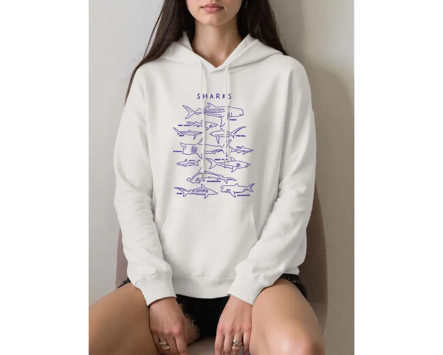 Köpekbalıkları Ve Balinalar Baskı Kapüşonlular Kadın Kış Polar Tişörtü Moda Cep Kazaklar Raha