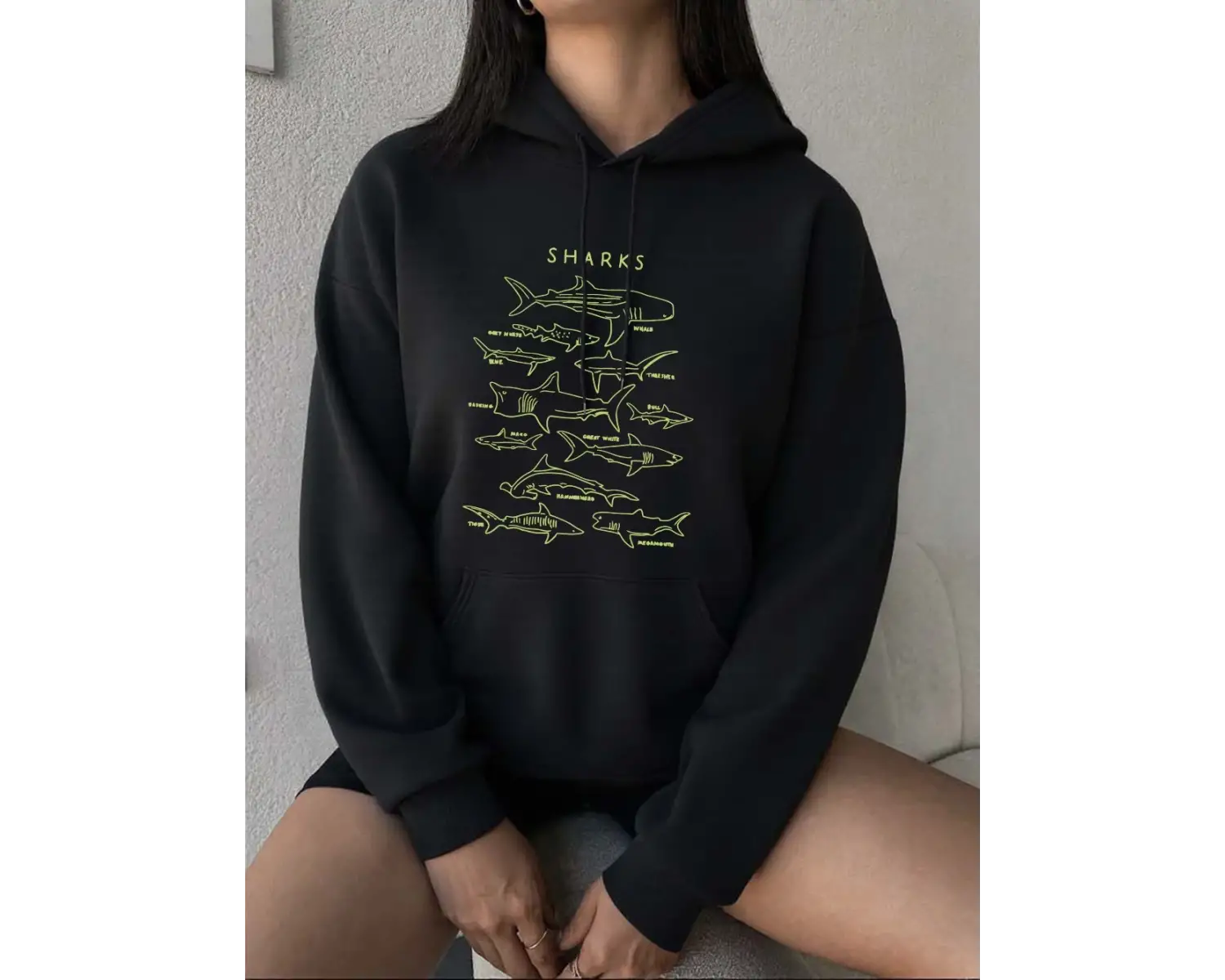 Köpekbalıkları Ve Balinalar Baskı Kapüşonlular Kadın Kış Polar Tişörtü Moda Cep Kazaklar Raha