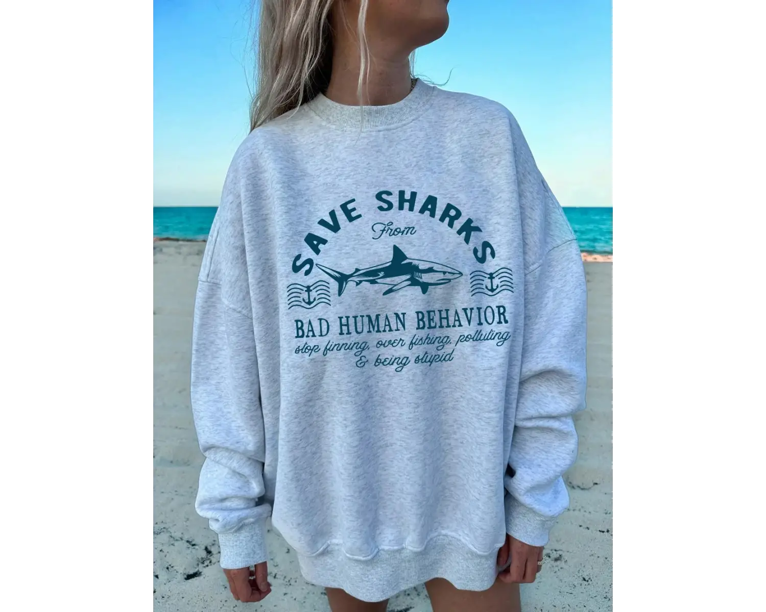 Köpekbalıkları Yazdırma Tişörtü Bayan Polar Sıcak Gevşek Kapüşonlular Bisiklet Yaka Temelleri