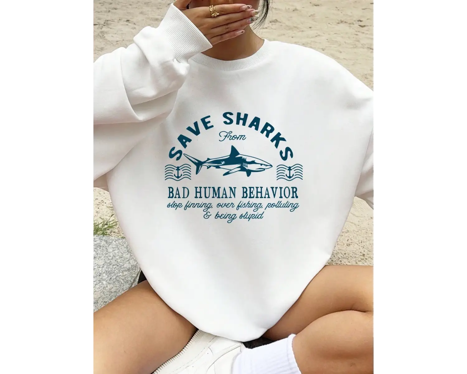 Köpekbalıkları Yazdırma Tişörtü Bayan Polar Sıcak Gevşek Kapüşonlular Bisiklet Yaka Temelleri