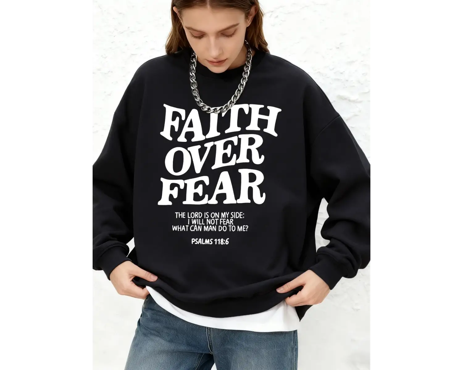 Korku Üzerinde İnanç Yazılı Kadın Sweatshirtleri Kışlık Yuvarlak Yaka Kapüşonlu Basit Sıcak K