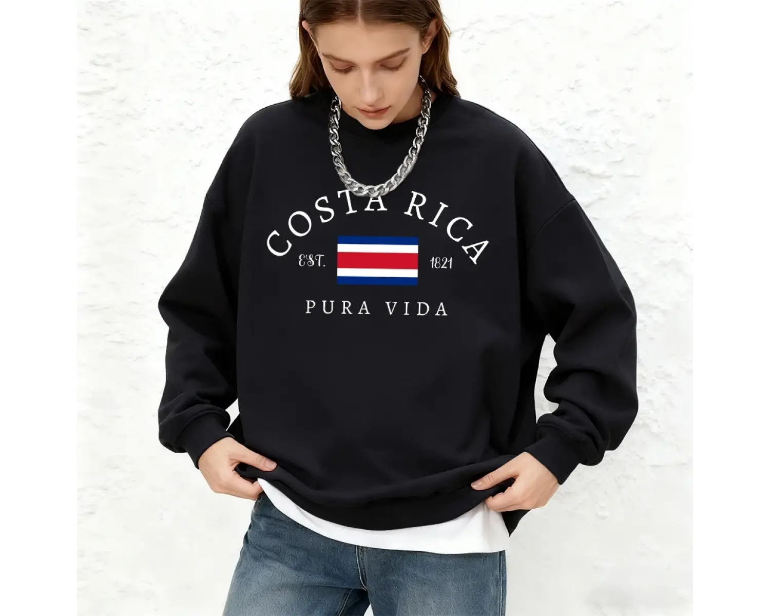 Kosta Rika Pura Vida Bayrağı Baskılı Kadın Sweatshirtleri Kışlık Yuvarlak Yaka Kapüşonlu Basi