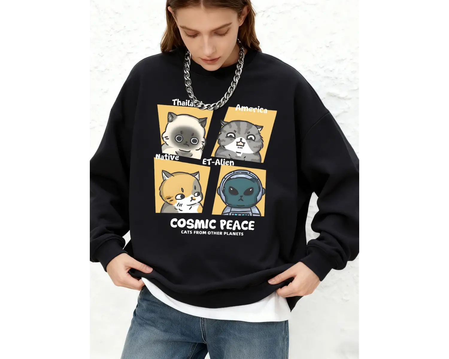 Kozmik Barış Amerika Kediler baskılı kapüşonlu svetşört Kadın Temel Jogger Sıcak Kazak Crewne