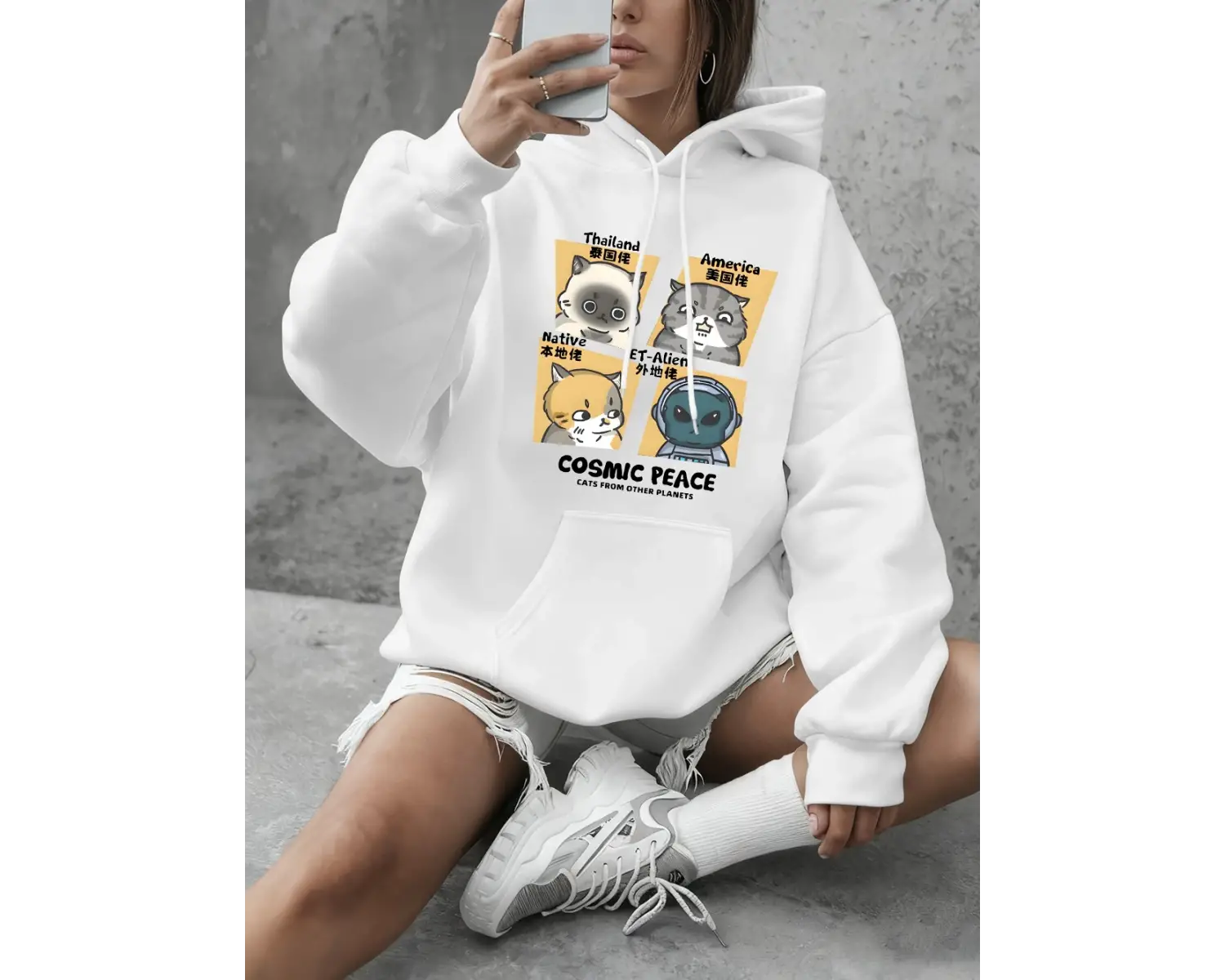 Kozmik Barış Kedileri Baskılı Kapüşonlu Üstler Kadınlar İçin Günlük Bol Sweatshirtler Kışlık