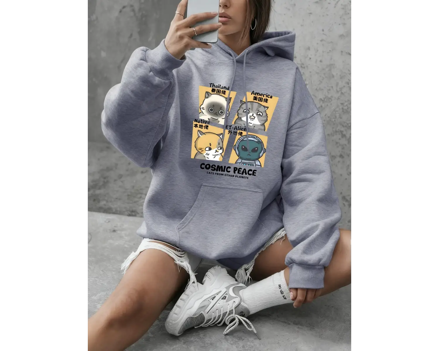 Kozmik Barış Kedileri Baskılı Kapüşonlu Üstler Kadınlar İçin Günlük Bol Sweatshirtler Kışlık