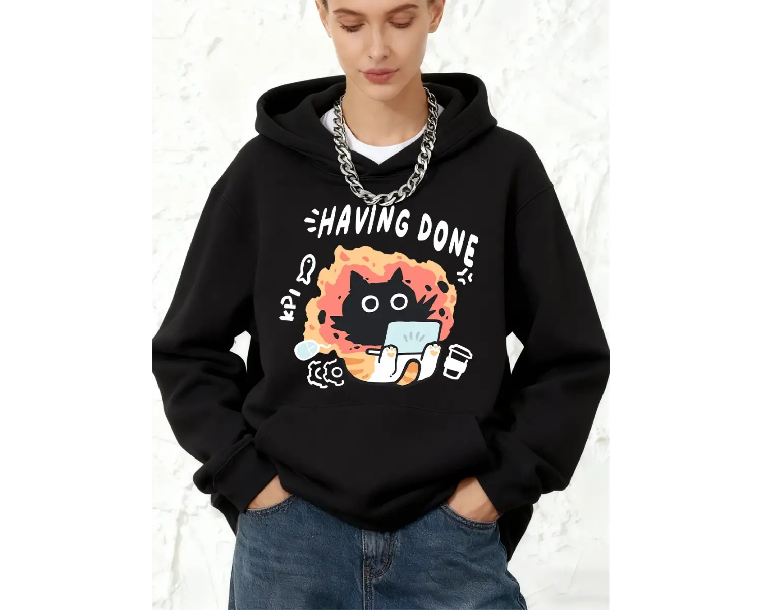 Kpi Cat Baskılı Kapüşonlu Sweatshirtler Pamuklu Kadın Sporcu Bol Kazak Kışlık Polar Sıcak Swe