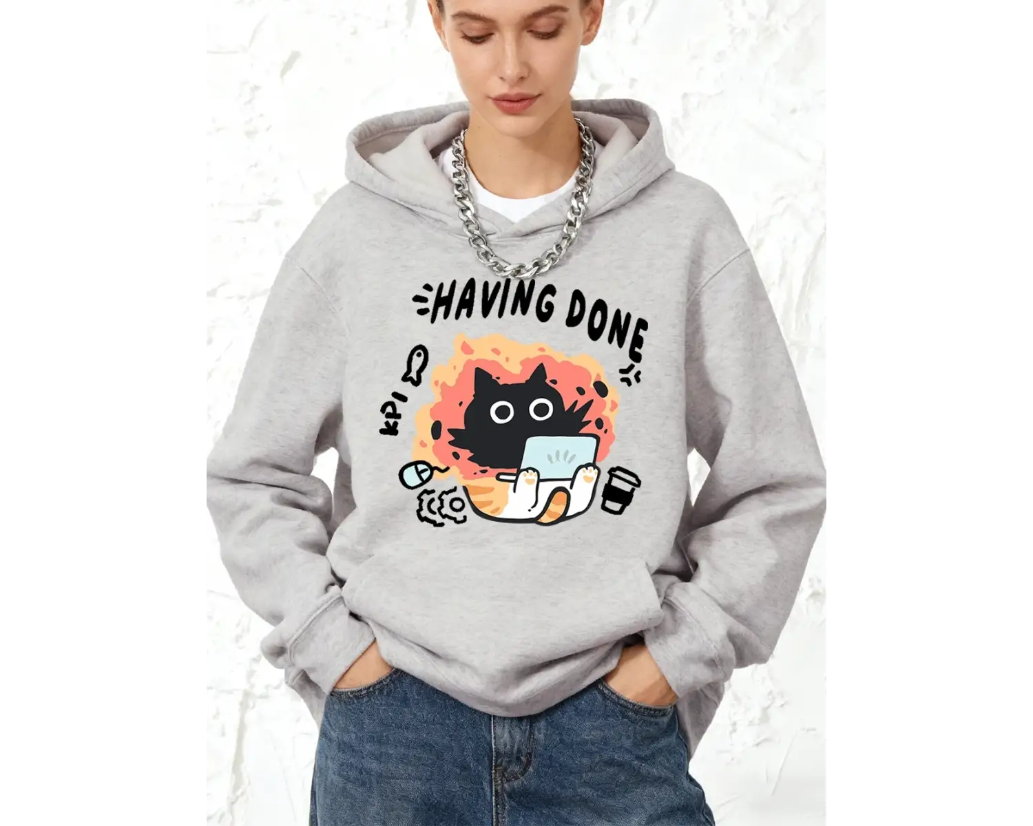 Kpi Cat Baskılı Kapüşonlu Sweatshirtler Pamuklu Kadın Sporcu Bol Kazak Kışlık Polar Sıcak Swe