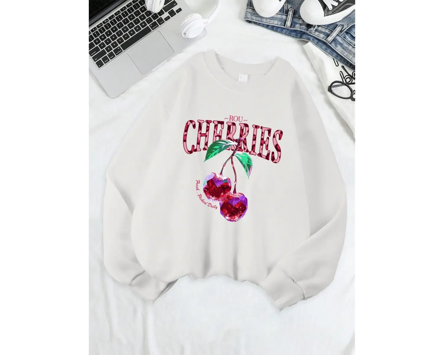 Kristal Kiraz Baskı Tişörtü Kadın Gevşek Temelleri Kapüşonlular Polar Sıcak Bisiklet Yaka Elb