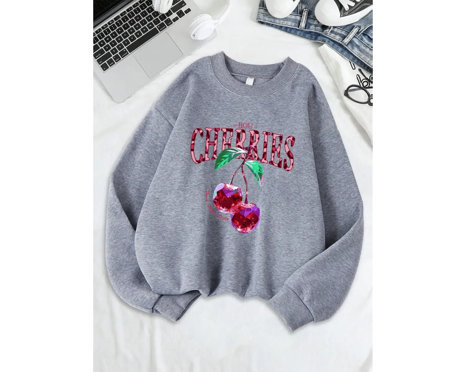 Kristal Kiraz Baskı Tişörtü Kadın Gevşek Temelleri Kapüşonlular Polar Sıcak Bisiklet Yaka Elb