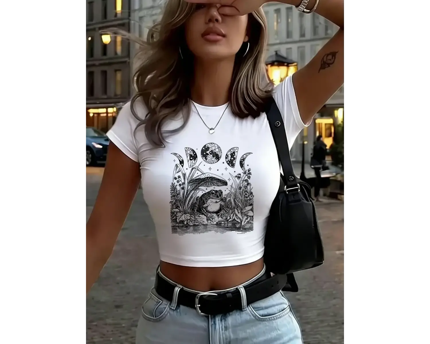 Kurbağa Mantar Ay Cadı Baskılı Kadın Babby Tee Yazlık Dar Kesim Yuvarlak Yaka Tişört Yumuşak K