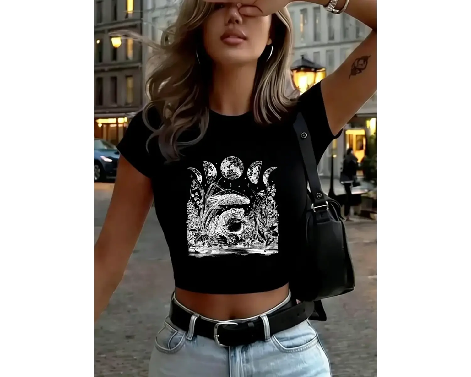 Kurbağa Mantar Ay Cadı Baskılı Kadın Babby Tee Yazlık Dar Kesim Yuvarlak Yaka Tişört Yumuşak K