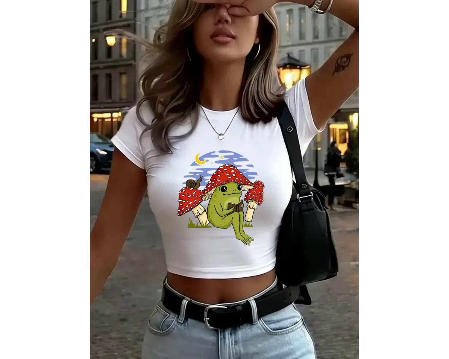 Kurbağa Mantar Baskılar Kadın Kırpma Üstleri Yaz Uydurma İnce O-Boyun Tees Yumuşak Kısa Kollu