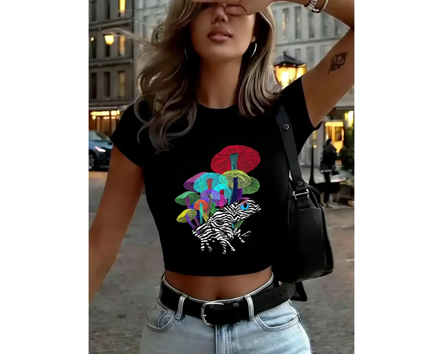 Kurbağa Mantarlı Baskılı Kadın Babby Teeları Yazlık Dar Kesim O-Yaka Tişörtler Yumuşak Kısa Ko