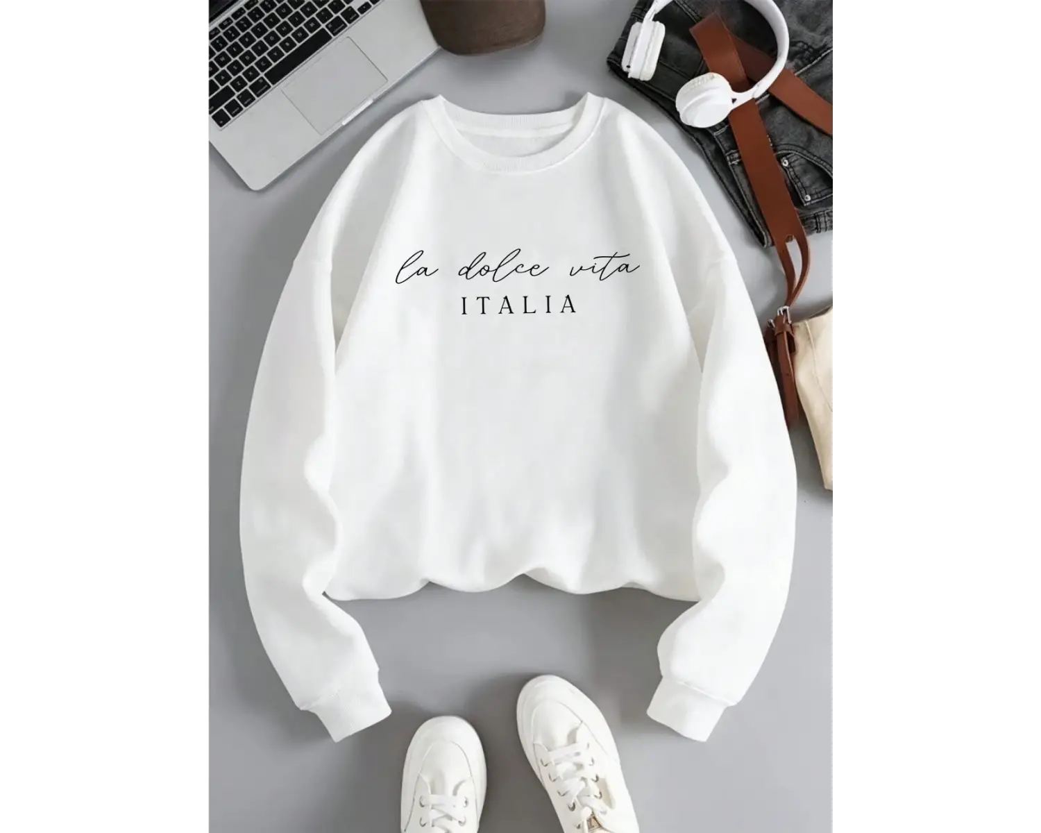 La Dolce Vita Italia Baskılı Bayan Kazak Bisiklet Yaka Y2K Gevşek Giyim Çok Renkli Rahat Kaza