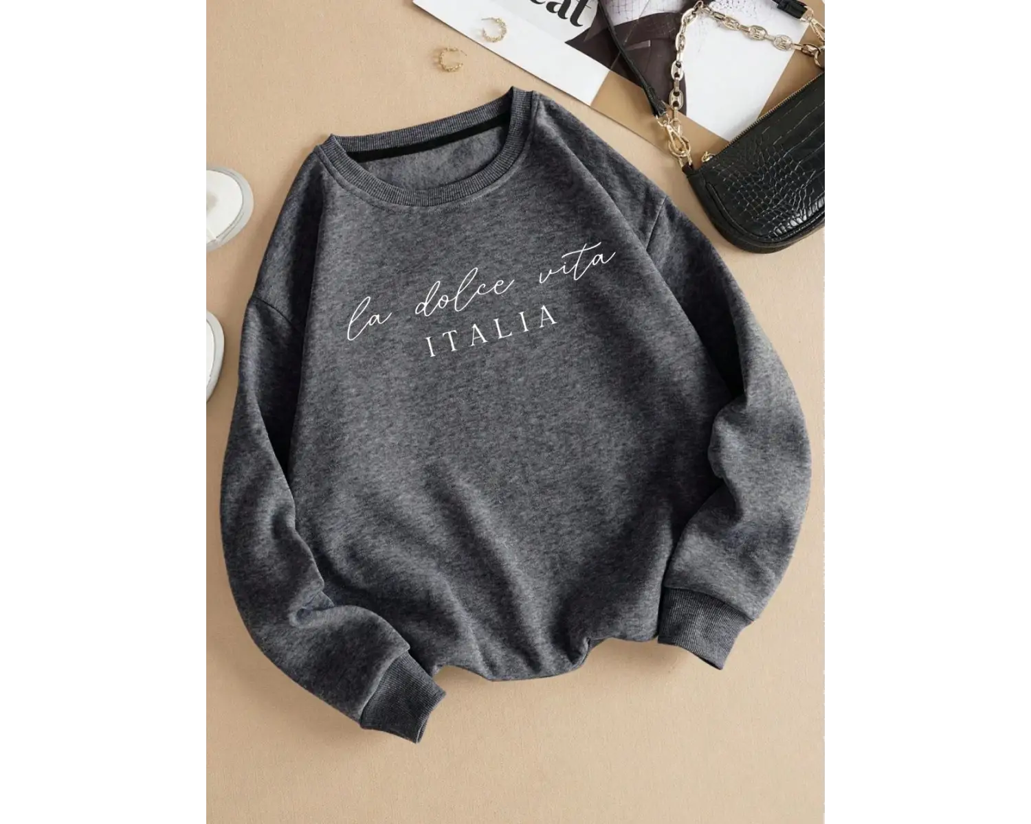 La Dolce Vita Italia Baskılı Bayan Kazak Bisiklet Yaka Y2K Gevşek Giyim Çok Renkli Rahat Kaza