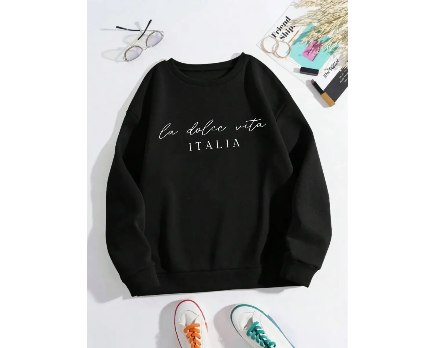 La Dolce Vita Italia Baskılı Bayan Kazak Bisiklet Yaka Y2K Gevşek Giyim Çok Renkli Rahat Kaza