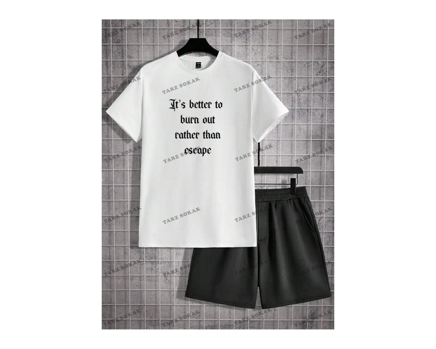 LEGND Erkek Örme Yuvarlak Yaka Kısa Kollu Sloganlı T-Shirt ve Şort Takım