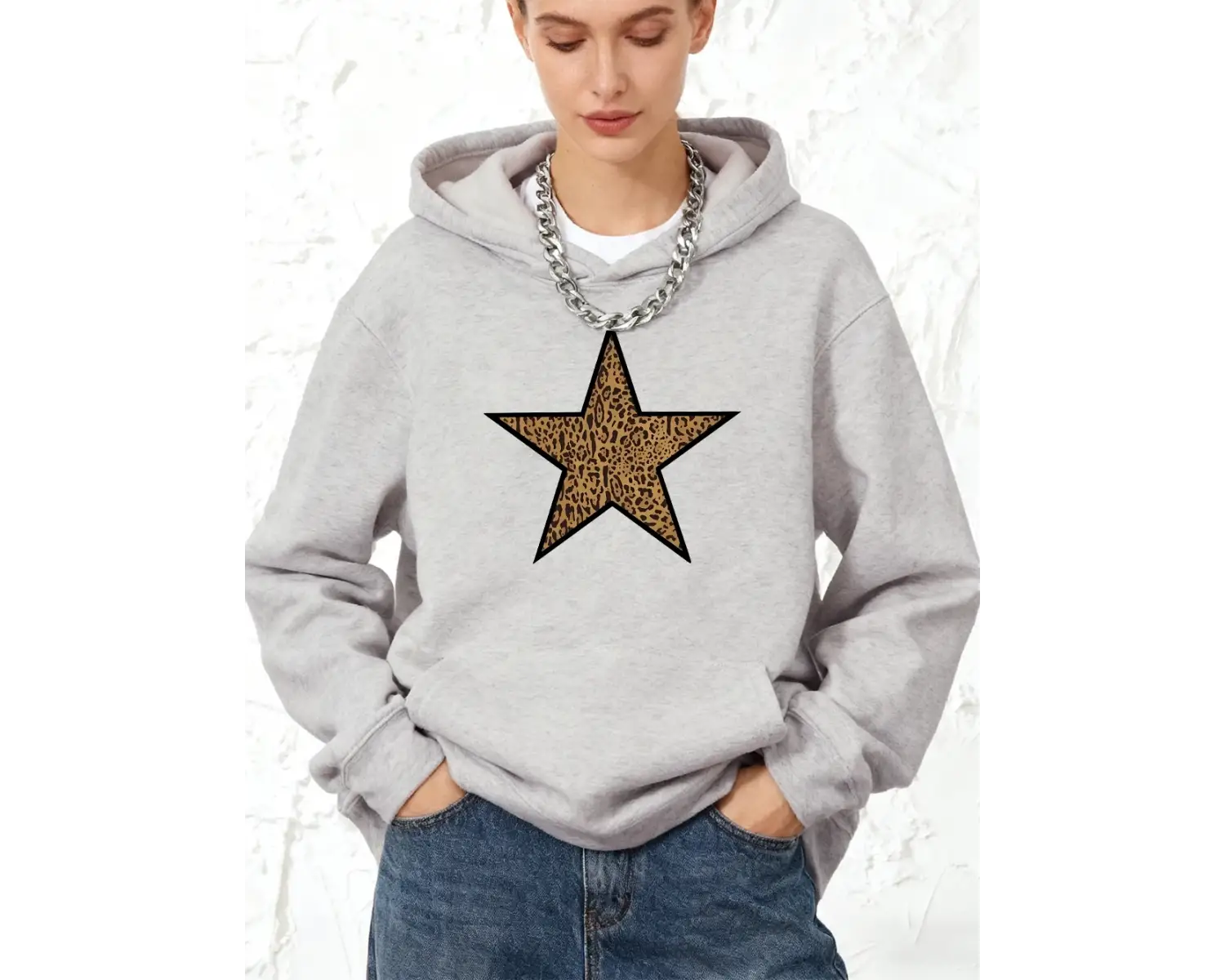 Leopar Pentagram Baskılar Kapüşonlular Pamuk Bayan Koşu Cep Kazak Sportif Gevşek Kazak Kış Po