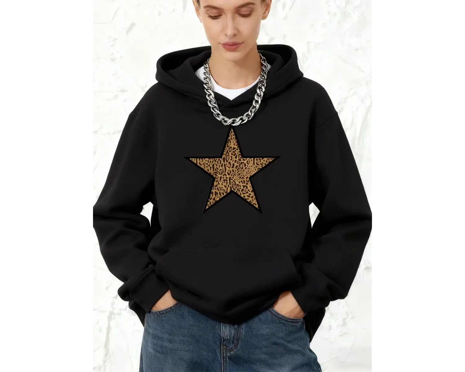 Leopar Pentagram Baskılar Kapüşonlular Pamuk Bayan Koşu Cep Kazak Sportif Gevşek Kazak Kış Po