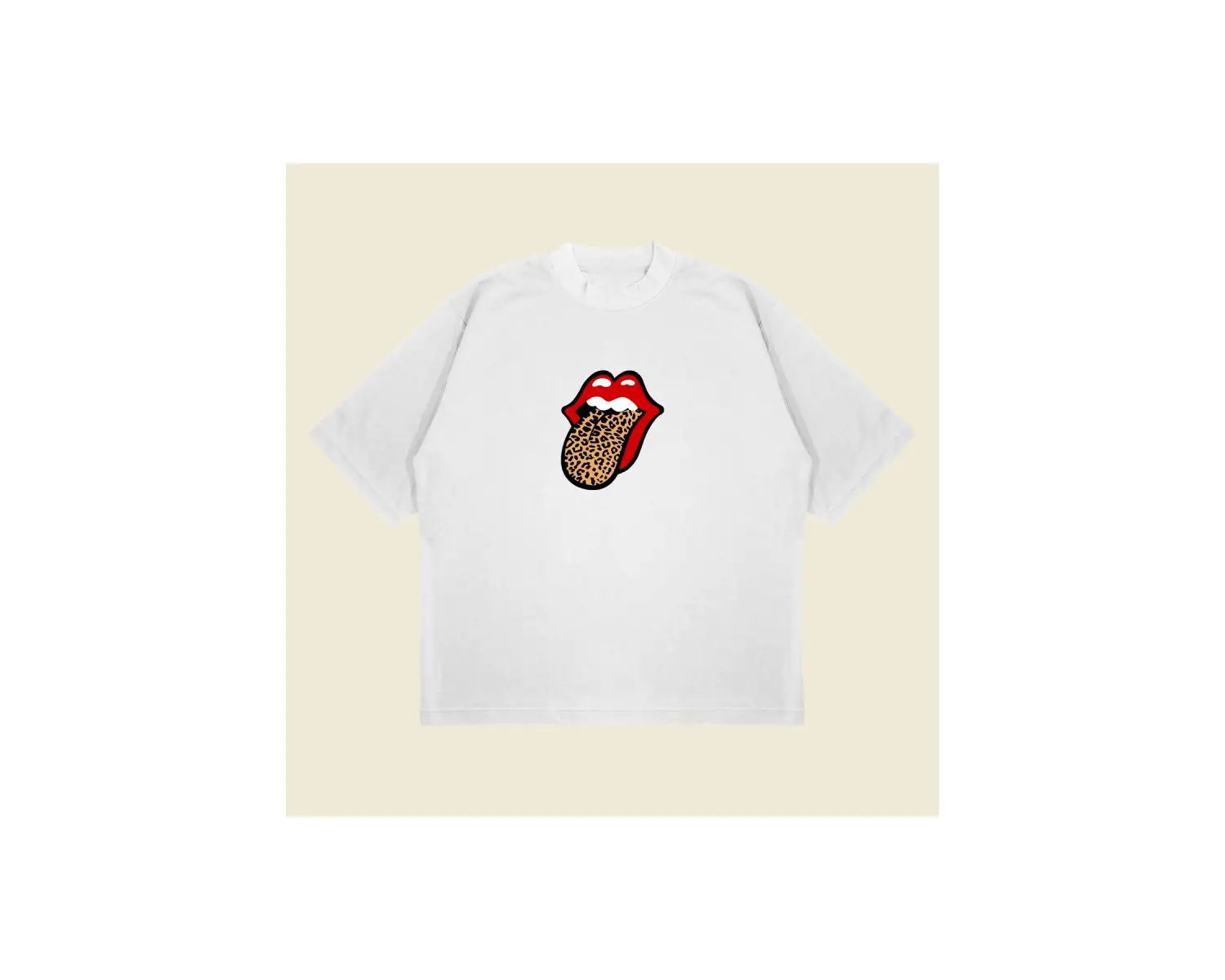 Leopar Rolling Stones Baskılı Oversize Unisex Pamuklu Nefes Alan Kalın Kumaşlı