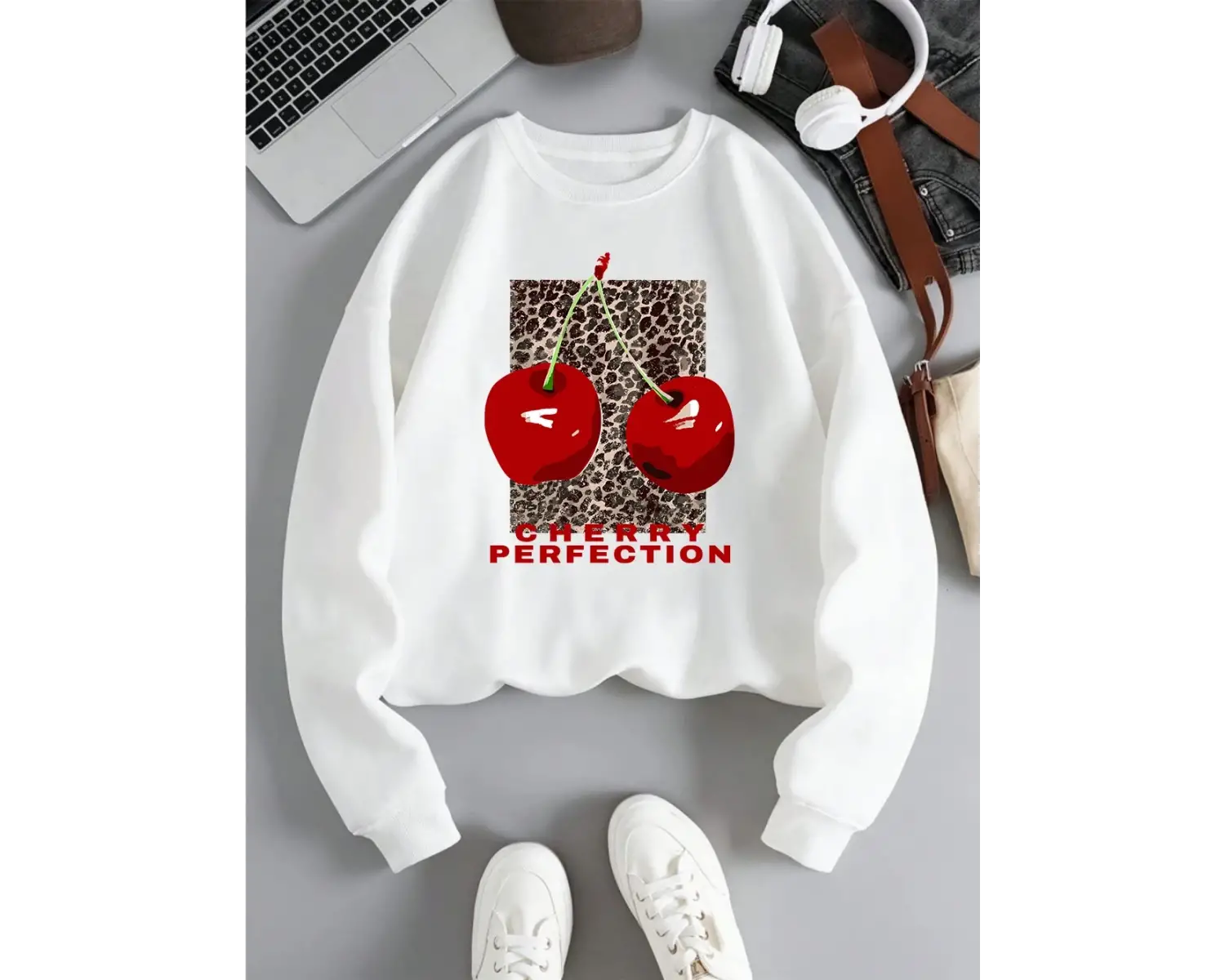 Leopar Ve Kiraz Kazak Kadın Taze Meyve Baskı Hoody Gevşek Polar Sıcak Bisiklet Yaka Elbise Mo