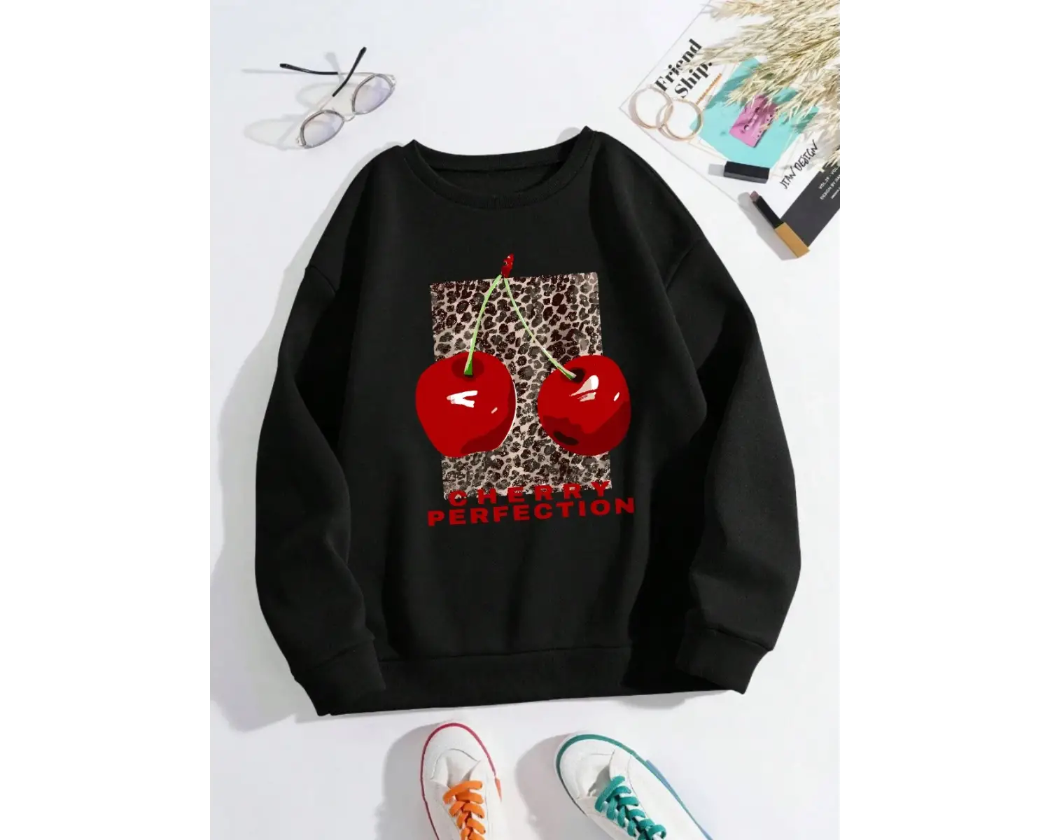 Leopar Ve Kiraz Kazak Kadın Taze Meyve Baskı Hoody Gevşek Polar Sıcak Bisiklet Yaka Elbise Mo