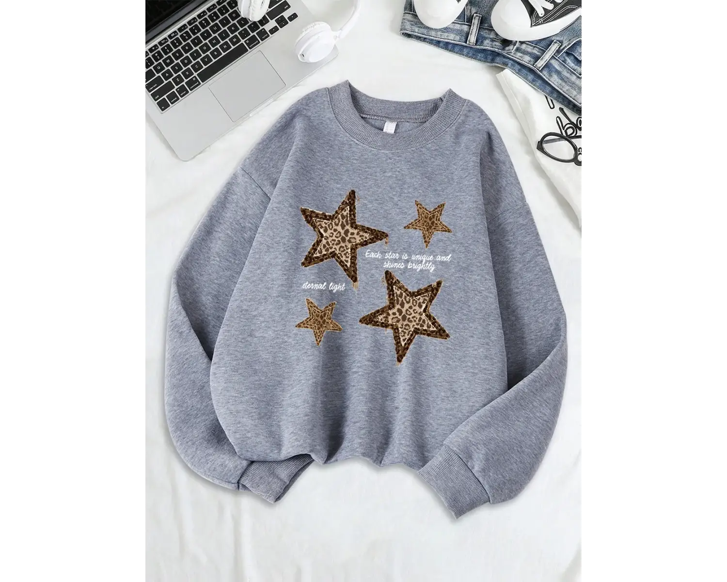 Leopar Yıldız Baskı Tişörtü Bayan Bisiklet Yaka Tüm Maç Kapüşonlular Gevşek Polar Sıcak Kazak