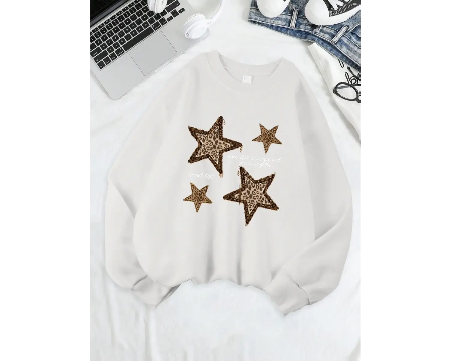 Leopar Yıldız Baskı Tişörtü Bayan Bisiklet Yaka Tüm Maç Kapüşonlular Gevşek Polar Sıcak Kazak