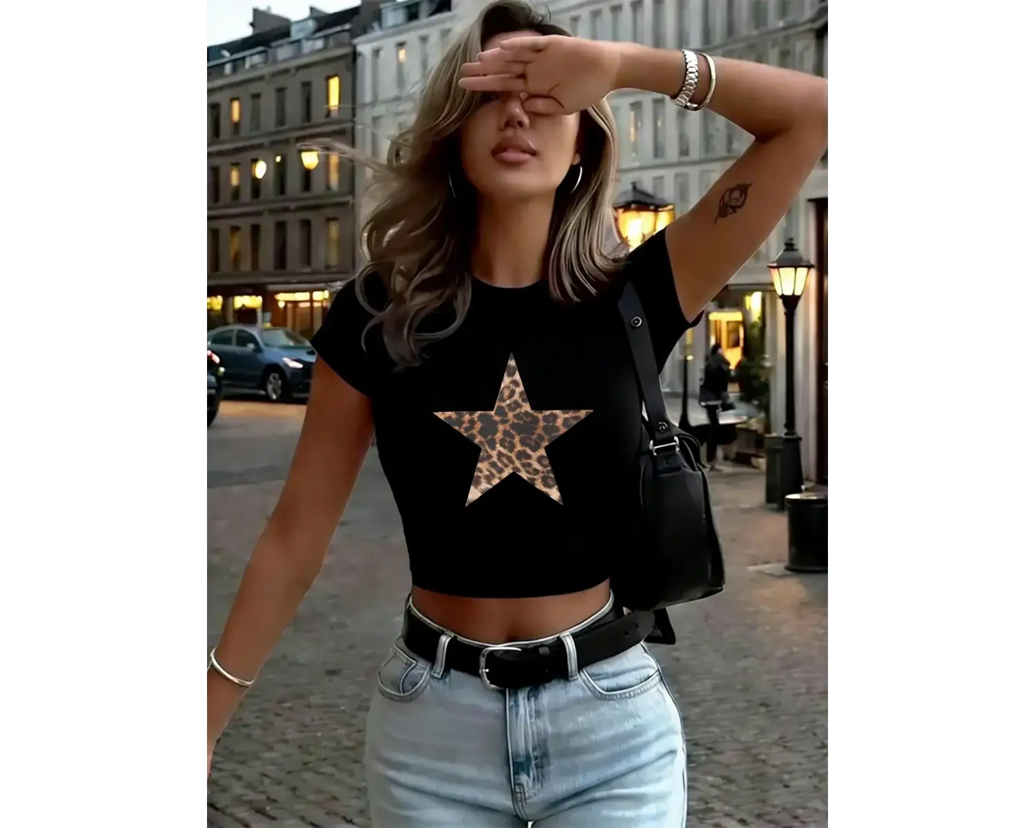 Leopar Yıldız Desen Baskı Kadın Kırpma T-Shirt Yaz Yüksek Elastik O-Boyun Üstleri Y2K İnce So