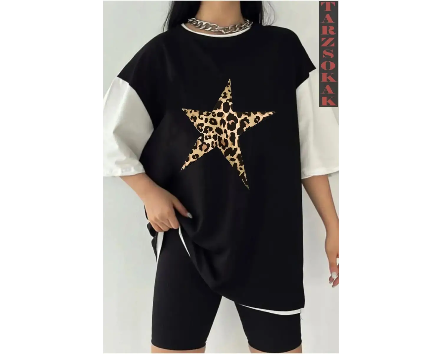 LEOPAR YILDIZ Siyah Oversize Çift Renk