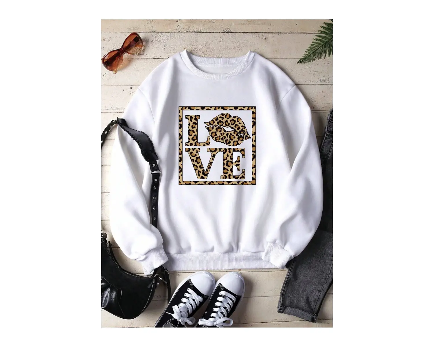 Leopard & Letter Graphic Lined Sweatshirt Beyaz