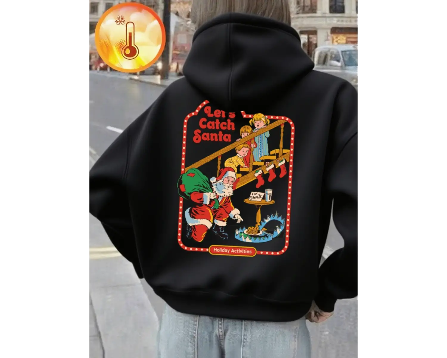 LetS Catch Santa Baskılı Kapüşonlu Üstler Kadın Rahat Günlük Kazak Temel Cepli Sweatshirt Kı