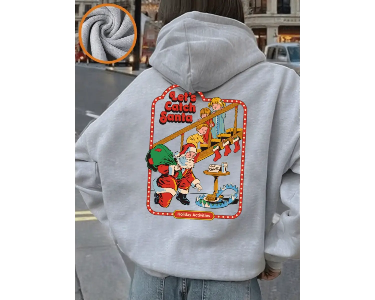LetS Catch Santa Baskılı Kapüşonlu Üstler Kadın Rahat Günlük Kazak Temel Cepli Sweatshirt Kı
