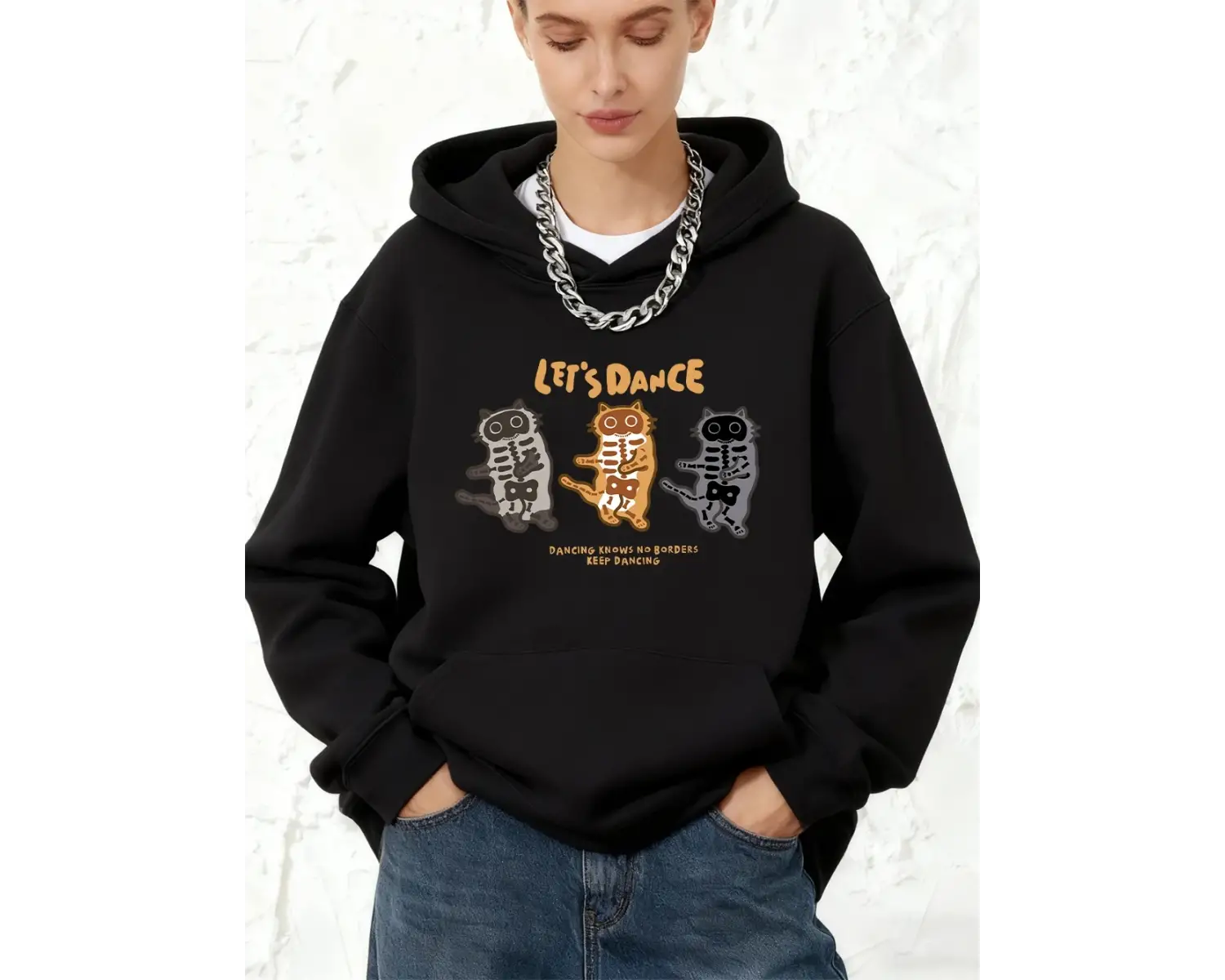 LetS Dance Cats Baskılı Pamuklu Kapüşonlu Üstler Bayan Sportif Bol Sweatshirtler Kışlık Pola