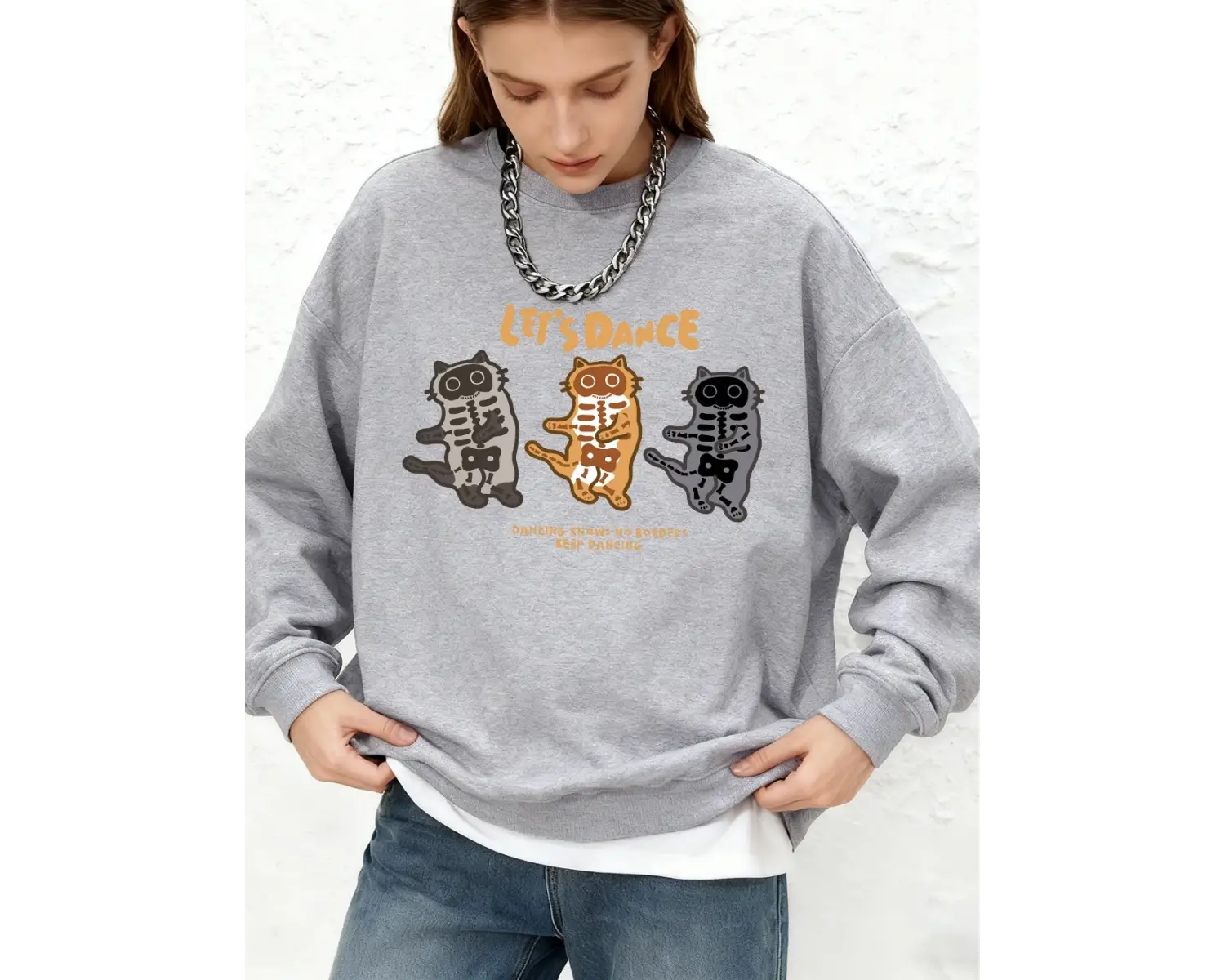 LetS Dance Cats Baskılı Tişörtü Bayan Sonbahar Uzun Kollu Bisiklet Yaka Kapüşonlu Üstler Büy