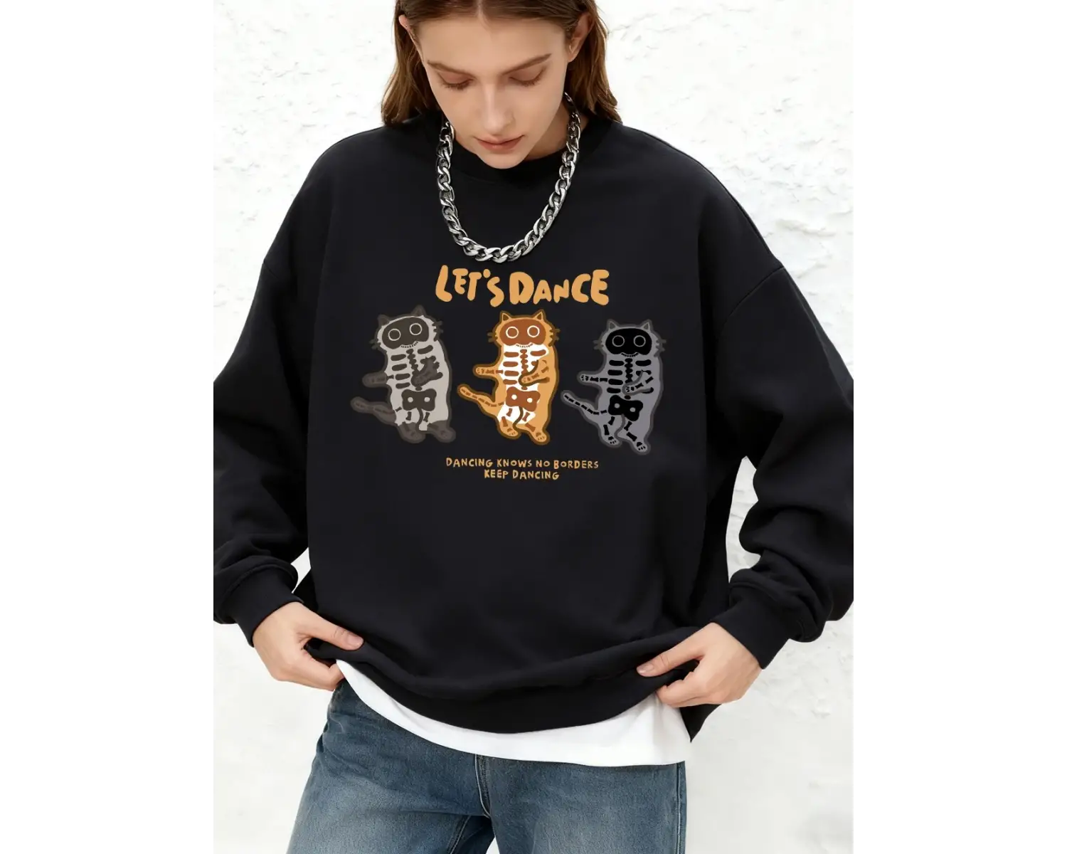 LetS Dance Cats Baskılı Tişörtü Bayan Sonbahar Uzun Kollu Bisiklet Yaka Kapüşonlu Üstler Büy