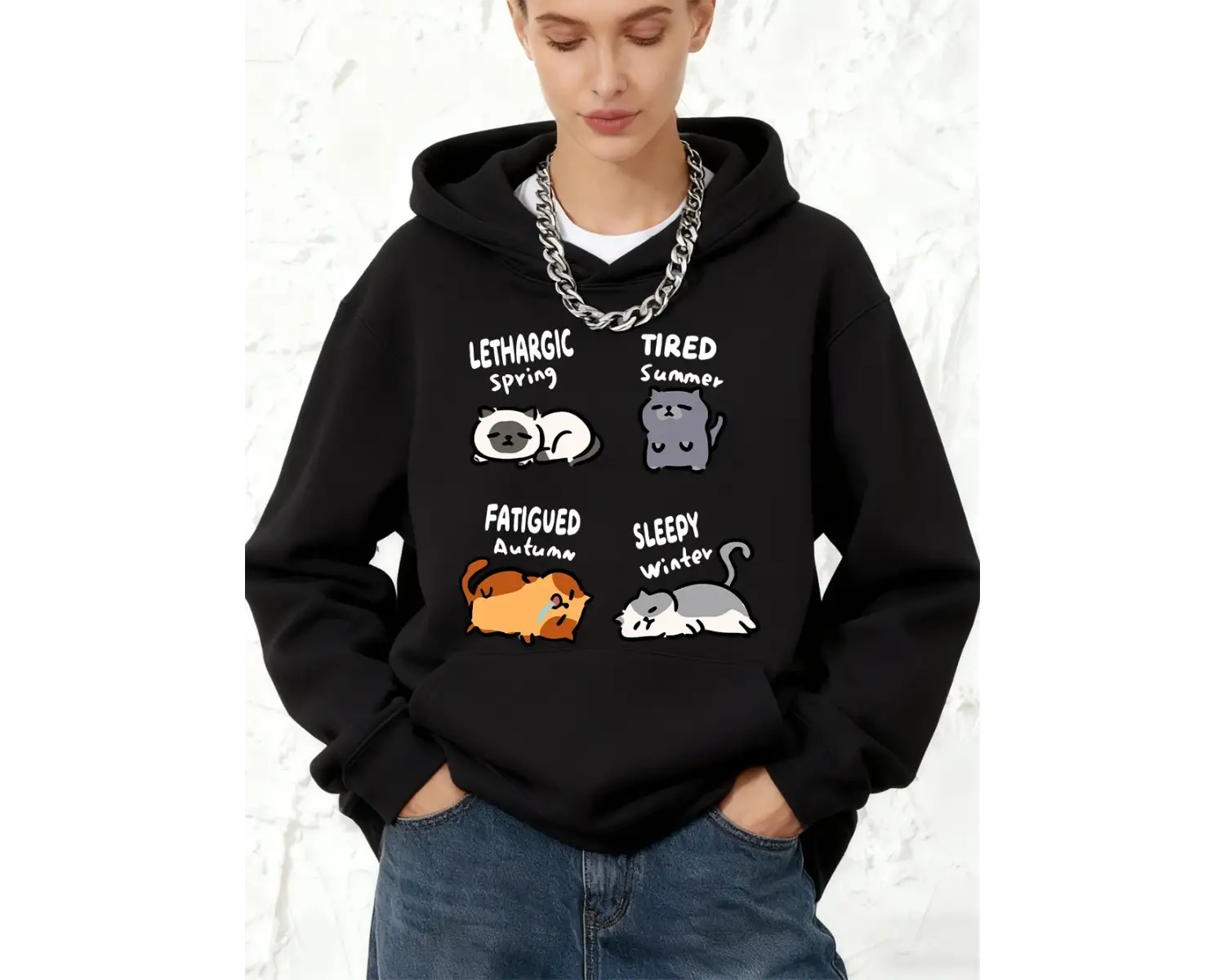 Lethargic Yorgun Uykulu Kedi Baskılı Kapüşonlu Üstler Pamuklu Kadın Sportif Bol Üstler Kışlık