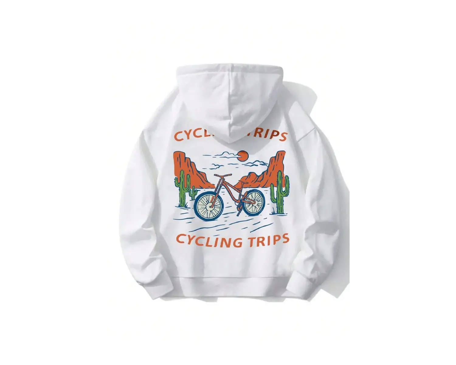 Letter & Bike Print Drop Shoulder Drawstring Hoodie Beyaz